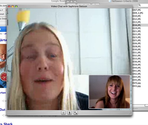 video chatting with my sister. she just got a hair cut. she's a natural blond blond