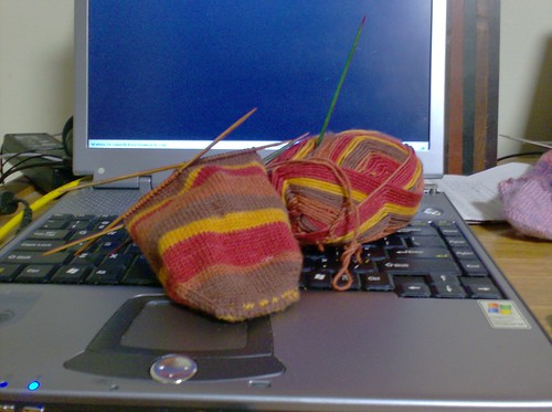 Start of red Knit Picks Felici handknit sock