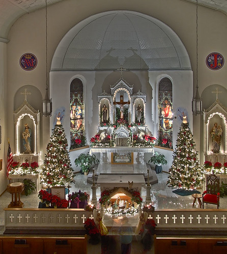 Saint Joseph Roman Catholic Church, in Apple Creek, Missouri, USA - view of nave with Christmas decorations
