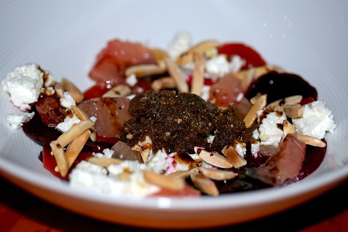 Beet and feta salad topped with Balsamic Olive Granita