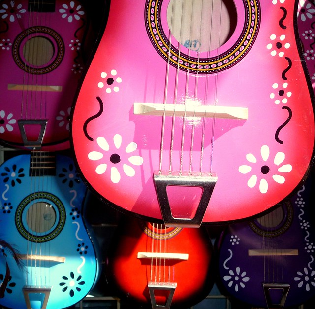 Colourful guitars at Olvera Street Mexican market, Los Angeles County, Southern California, United States of America
