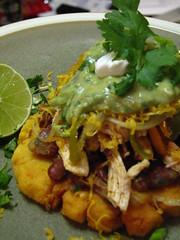 Shredded Chicken Sopes with Spicy Pinto Beans and Tomatillo-Avocado Sauce