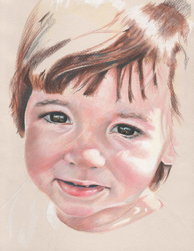 In progress scan of colored pencil drawing entitled Clara at 17 Months