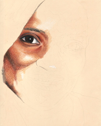 In progress scan of colored pencil portrait.