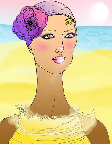 bathing cap girl on the beach at sunset illustration