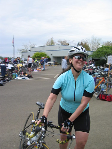 Susan finishing her bike leg