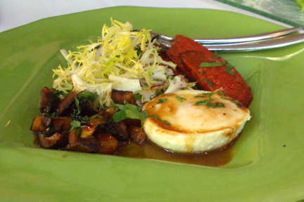 Naha Coddled Egg chorizo sausage and salad