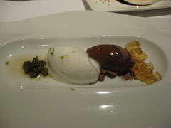 Charlie Trotter's: Venezuelan chocolate custard with kaffir lime, grilled cactus and agavero jelly (close up another view)