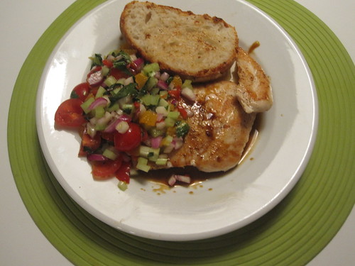 Chicken with clementine-tomato-basil salsa, homemade bread