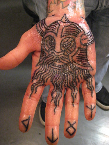 Victor went to Rock of Ages and got a viking tattooed on his right palm 