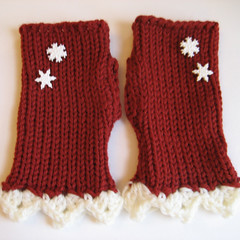 Red & White - Lace & Snowflakes Fingerless Gloves