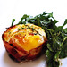 Bacon-Wrapped Baked Eggs with Cream Cheese Biscuits and Arugula