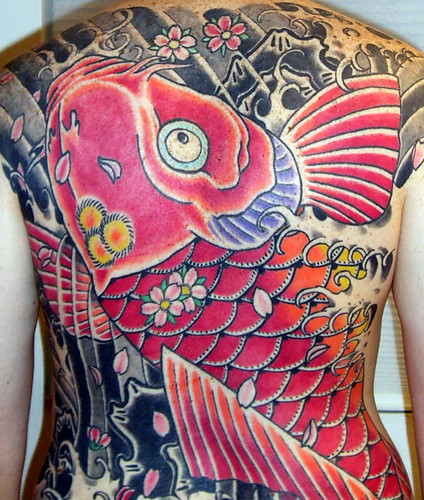 Full Back Body Koi Fish Tattoo Design on Man
