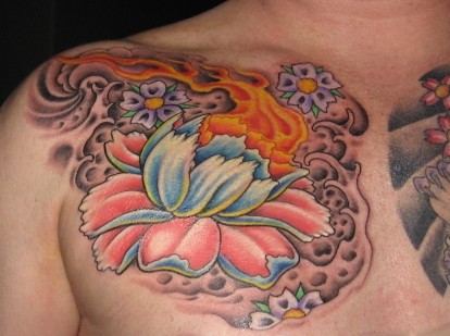 Peony chest tattoo right side Colorful japanese peony