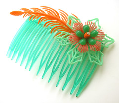 Green and Orange Vintage Flowers Hair Comb / Barrette