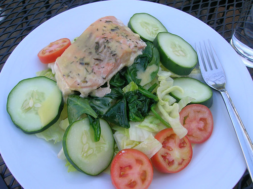 Salmon on a Bed of Sauteed Spinach and Fresh Salad