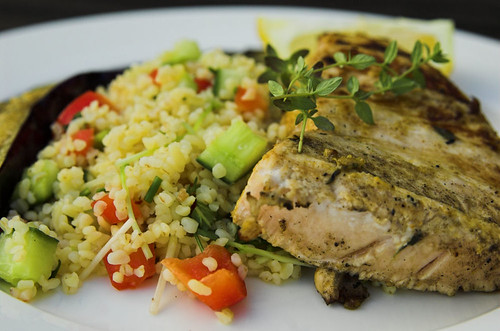 Barbecued marinated marlin steaks with tabouleh