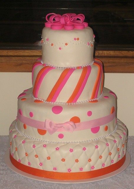 orange and pink square wedding cake