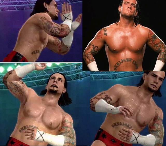 CM Punk's Tattoo Comparison from Real to SD vs RAW 2008. As you can see in the video game his COBRA and PEPSI tattoos have been removed.