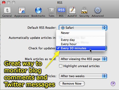 Monitoring twitter and blog comments with Safari RSS