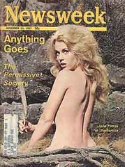 J Fonda selling Newsweek and its fine journalism on the permissive society. Fonda was starring in Barbarella, who, far from epitomizing the permissiveness, saluted her boss, even when it meant sacrificing personal privacy.