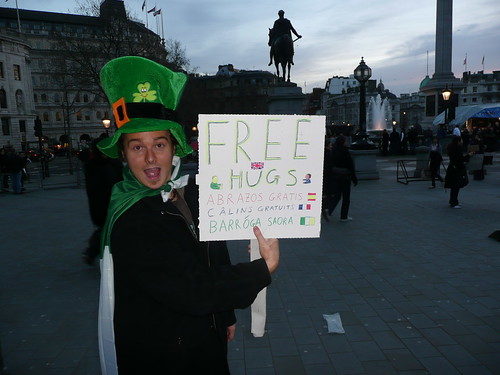 Free hugs wearing a Leprechaun outfit, Trafalgar Square, London