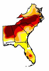 darkest areas are in "exceptional" drought, red areas in "extreme" conditions