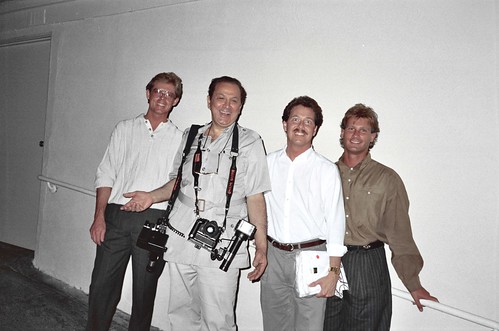 Alan, Ron Galella, Rick, and Todd at the original Spago on Sunset Blvd, 1988 - photo by Shel Dorf 