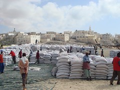 Food aid stacked on the beach in Somalia