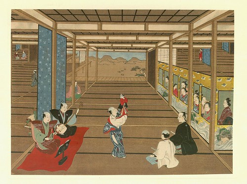 Jugando a las conjuras en un salon- artista Kiyomasu Torii.-contraste corregido