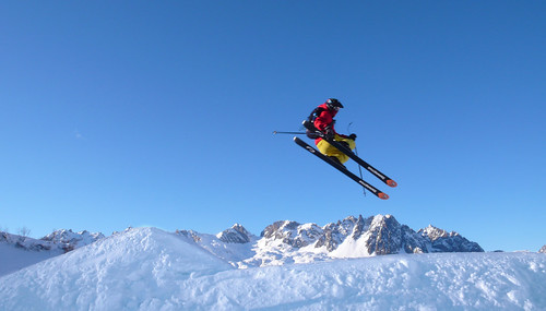 Skier in the terain park at les Grands Montets