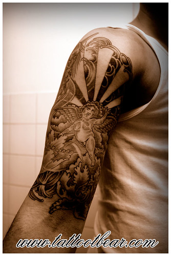 angel sleeve tattoo. japan sleeve angel lotus by