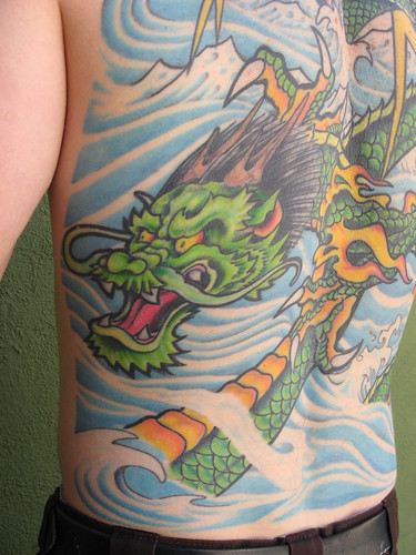 full back tattoo. Green Dragon Full Back Tattoo