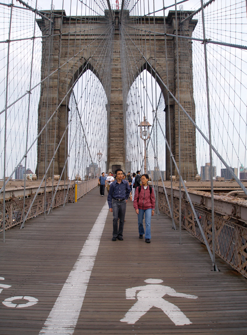 little man on the Brooklyn Bridge, New York City