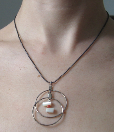 Found objects Necklace - metal hoops with pearl and coral