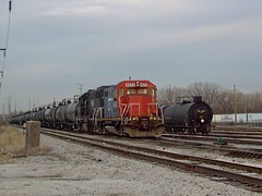 Canadian National yard switching activity with fallen flag predecessor railroad locomotives. Hawthorne Yard. Chicago Illinois. April 2007.