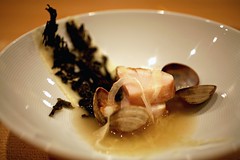 Fluke with Clams, Trumpet Mushroom Puree, Pickled Fennel, Nori, and Bacon Dashi
