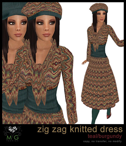 [MG fashion] Zig zag knitted dress (teal/burgundy)