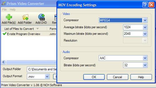 Video encoder settings for Prism Software