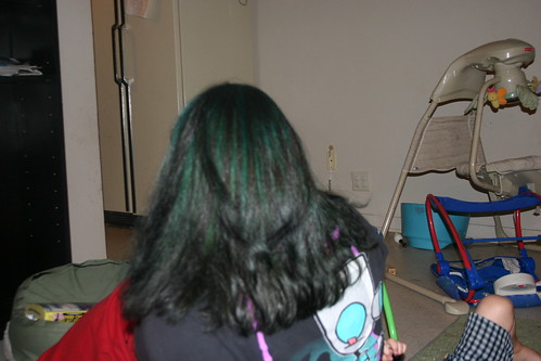 Green highlights throughout my hair! Then I dyed the top of it red!