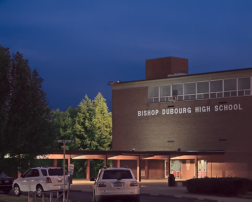 Bishop Dubourg High School, in Saint Louis, Missouri, USA - exterior at dusk