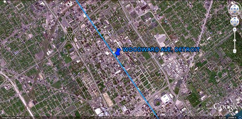 Woodward Ave marked in blue (via Google Earth)