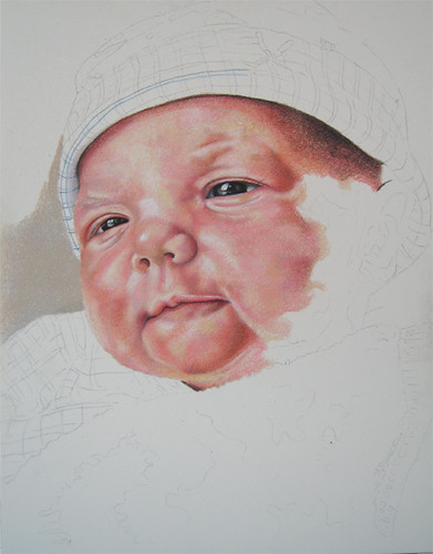 In progress photo of colored pencil drawing entitled Emre, Newborn