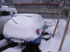 翌朝宿の駐車場で私のインプレッサは雪だるまになっていた（笑）