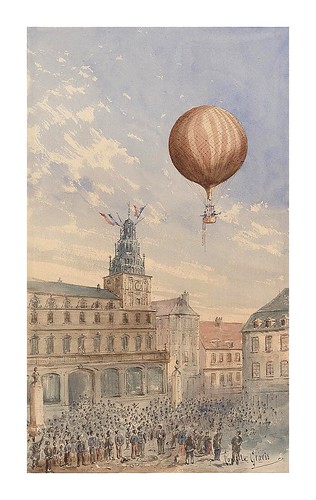 04-Globo con dos pasajeros ascendiendo en las afueras de una ciudad-banderas francesas ondeando y multitud de especadores-1880-1900