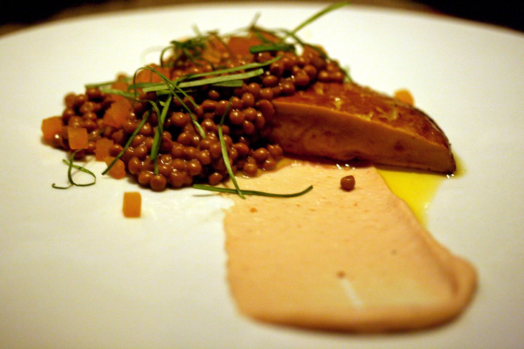 Foie gras, mole lentils, quince yogurt (another view)