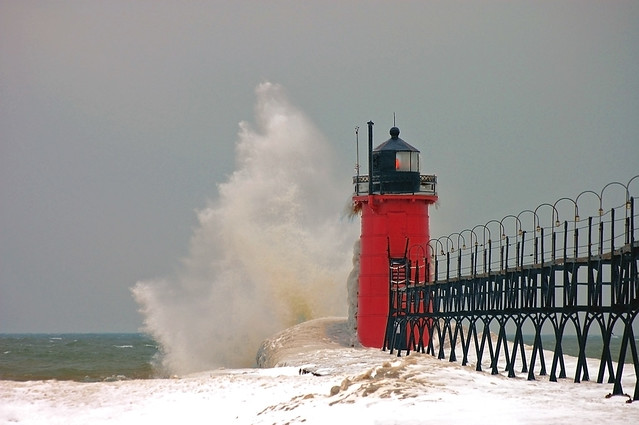 waves pound the South Haven Lighthouse