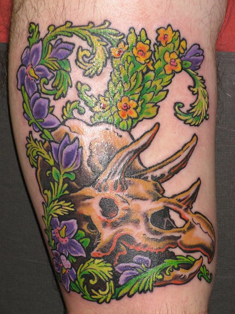 My triceratops tattoo by Mike Bellamy of Red Rocket Tattoo in New York City.