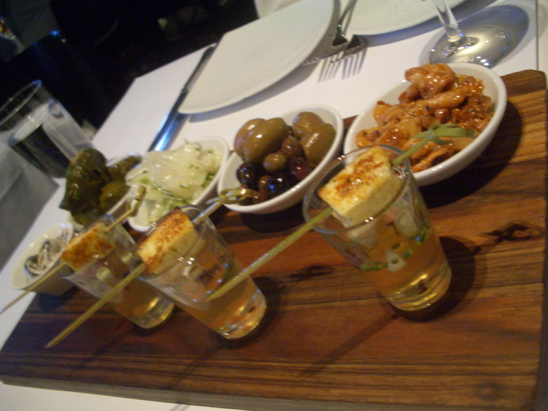 Atherina, dolmades, pickled cabbage, olives, spiced baby octopus and saganaki martinis