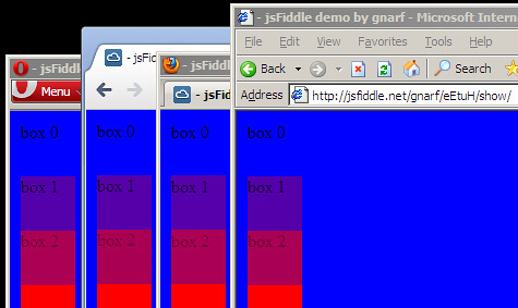Opera 10, Chrome 10, Firefox 3.6, and IE 6  demonstrating alpha blending
